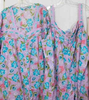 Only Necessities Lounger Nightgown Robe Set 5X Lavendar Floral Lace Trim Cotton - Image 1 of 4