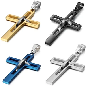 Mens Polish Stainless Steel Double Cross Retro Charm Pendant Necklace Chain Gift - Picture 1 of 14