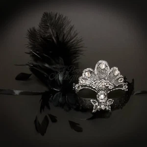 Mardi Gras Venetian Feather Masquerade Mask for Women Black Gold M8337 - Picture 1 of 4