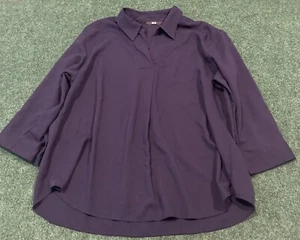 Uniqlo Linen Top Blouse Womens Large Navy Skipper Collar 3/4 Sleeve - Picture 1 of 4