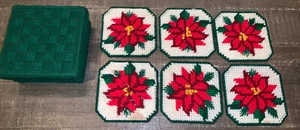 6 Sottobicchieri Fatti A Mano Tela Plastica ~ Filato Natale Verde Poinsettia’s Box - Foto 1 di 6