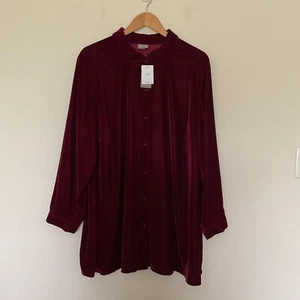 NWT J. Jill Velour Velvet Button Down Tunic Shirt Plus Sz 3X Cassis Office - Picture 1 of 12
