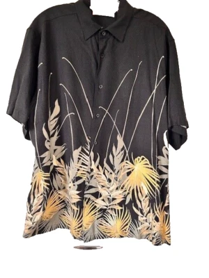 John Henry Vintage Shirt Sz L Black Gray Gold Leaves Border S/S Hawaiian Camp - Image 1 of 4
