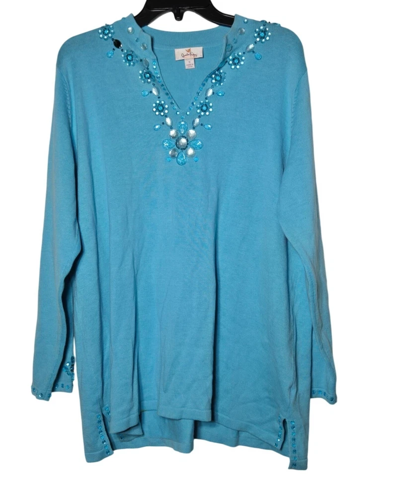 Quacker Factory Womens Blue Beaded V-Neck Sweater Plus Size 1X Embellished Boho - Image 1 of 4