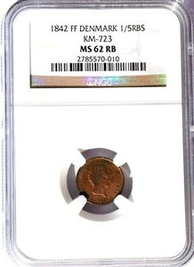 1842 FF Denmark 1/5 Rigsbankskilling, NGC MS 62 RB, KM-723, Red/Brown - Picture 1 of 3