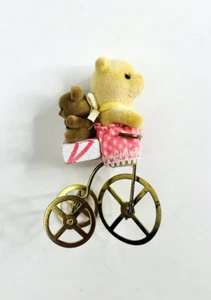 1980’s Miniature Flocked Teddy Bears On Gold Bike - Picture 1 of 10