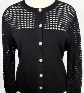 Unique St.John Knit black jacket open stitching NWT $795 size XL 12 14 - Picture 1 of 4