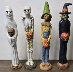 Vintage Halloween Bleistift Figuren Resin Vogelscheuche Hexe Skelett Geist 4er Set - Bild 1 von 6
