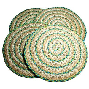 Set of Four Placemats Round Woven Jute Blue Yellow Beige 16 Inches Circumference - Picture 1 of 4