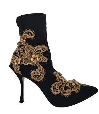 Dolce&Gabbana Mujer Botines Negros Nylon Floral Bordado Tacón Alto Botines - Imagen 1 de 4