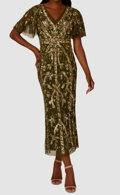 Adrianna Papell Women's Green Sequinned Embroidered Evening Dress Petite Size 4P - Image 1 of 3