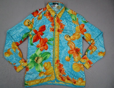 Vintage Versace Shirt Mens 54 IT Blue Silk Floral Seashell Made Italy 90s - Image 1 of 4