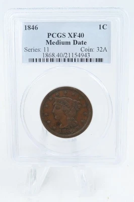 1846-P PCGS XF40BN Medium Date Braided Hair Cent Business Strike 1C - Image 1 of 2