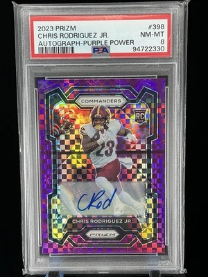 2023 Panini Prizm Chris Rodriguez Jr Purple Power Prizm Rookie RC Auto/49 PSA 8 - Image 1 of 2