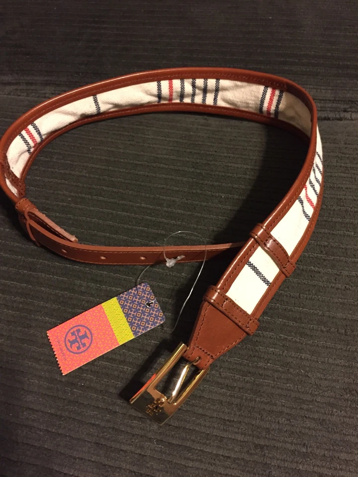 NWT TORY BURCH DASH BELT LEATHER TRIM NAVY NATURAL RED CANVAS SIZE XXS $185 - Image 1 of 4