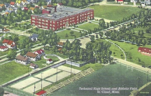 1952 St. Cloud MN ~ Technische High School & Leichtathletikplatz ~ Luftbild Postkarte - Bild 1 von 2