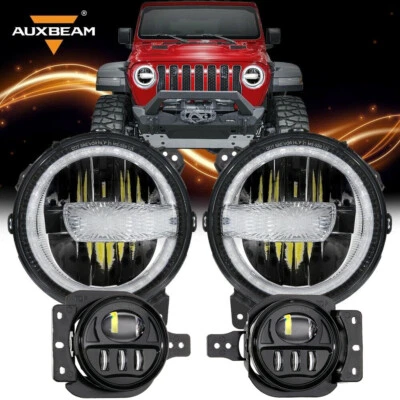 AUXBEAM 9" Round LED Headlights Hi/Lo + Fog Light for Jeep Wrangler JL 2018-2022 - Image 1 of 4