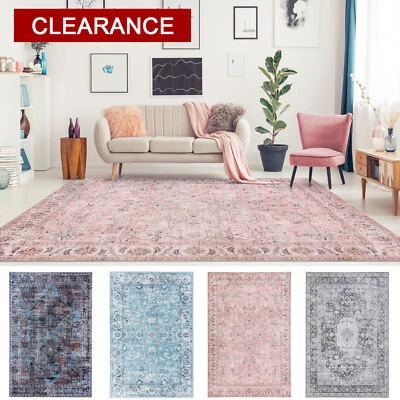 Deal Extra Large Rug Pink Blue Grey Runner Distressed Retro Washable Soft Carpet - image 1 of 4