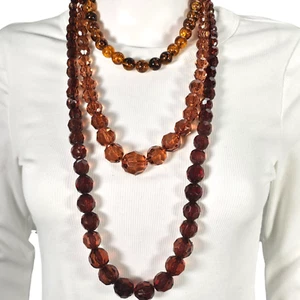 Topaz Crystal Beaded Necklace Lucite Brass Necklace Set of Amber Color (3) - Picture 1 of 11