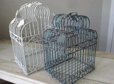 Iron Bird Cage Set Ivy Vines Decorative Heart Scrolls White & Verdi Green Pair Cover
