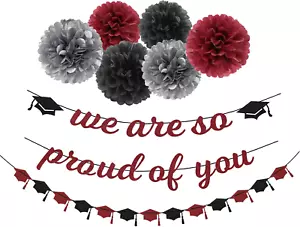 Burgundy-Red Black-Silver Party-Decorations Graduation Banner - 8Pcs Kits Congra - Picture 1 of 12