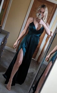 Utterly FABULOUS Green Satin High Split Ball gown Cocktail Dress Prom Dress - Picture 1 of 24