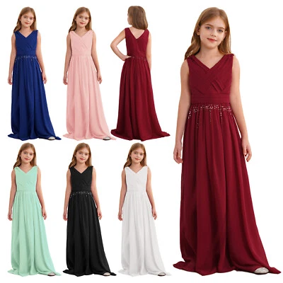 UK Kids Girls Shiny Party Gown Sleeveless Chiffon Long Dress Flower Girl Dress
