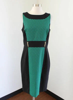 Vestido Vaina Tahari ASL Levine Negro Verde Lunares Talla 6 Sin Mangas Oficina  Foto 1 de 4