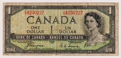 CANADA $1 1954 BC-29a / P-66a  QE II Circulated DEVIL'S FACE 👿  C/A 4250227 - Image 1 of 3