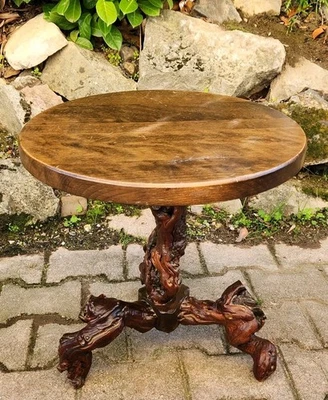 Table Basse Brutaliste Pied Cep de Vigne Tripode 47,5 cm Bois Massif Vintage - Photo 1/4