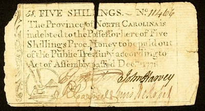 NC-137 Five Shillings Province of NORTH CAROLINA Colonial Note Dec. 1771 Fr. 137 - Image 1 of 2