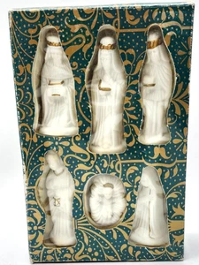Presepe porcellana bisque bordo oro set 6 pezzi miniatura in scatola originale - Foto 1 di 4