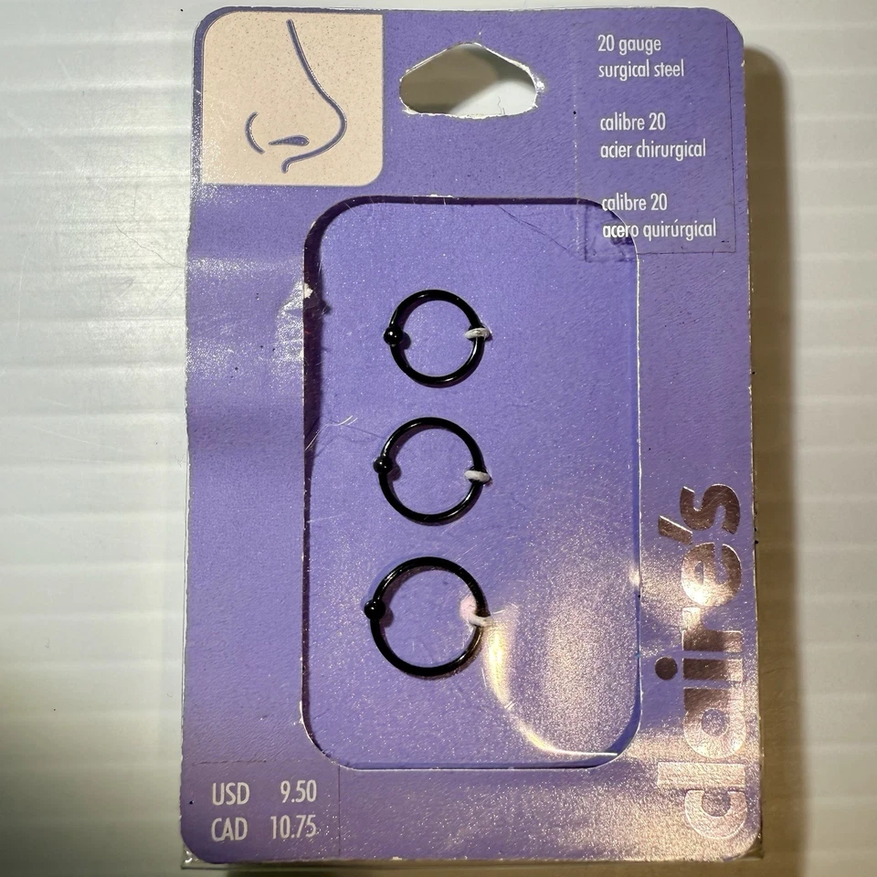 3 PACK - Claire’s Nose Rings 20 Gauge Surgical Steel Black Rings Balls New - Image 1 of 4