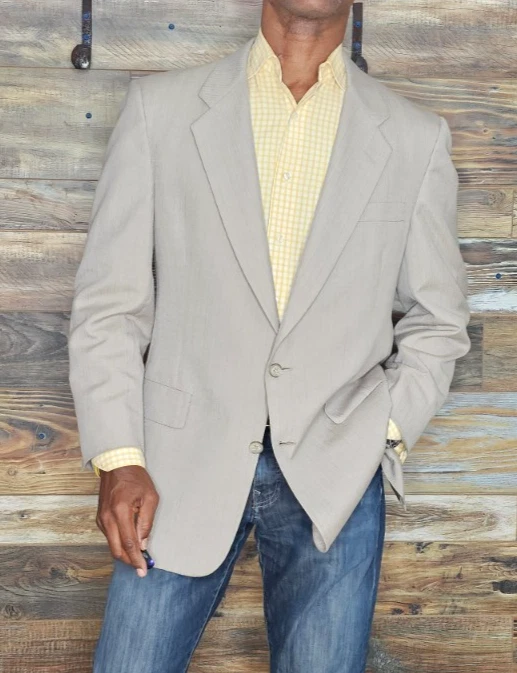 Jaqueta Blazer Vintage Christian Dior Bege Listrada Dupla Ventilação Mistura de Lã 40R - Imagem 1 de 4