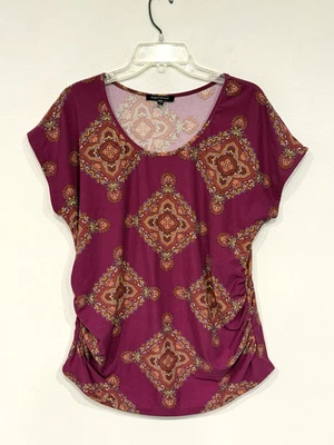 Hippie Chic Women's Blouse Sz Large Medallion Tile Ruched Sides Scoop Neck Shirt - Image 1 of 4