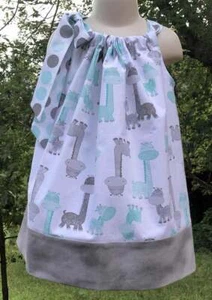 Giraffe Safari Zoo Gray Mint White Toddler Girl Pillowcase Dress 12mo - 14 - Picture 1 of 3