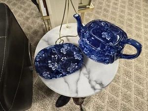 Vintage England Victoria Ware Cobalt Blue Transferware Tea Pot & Tray Ironstone - Picture 1 of 10