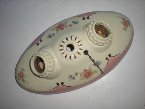 Antique Pink Art Deco Porcelain Flush Mount Ceiling Light 2 Socket Fixture vtg Cover