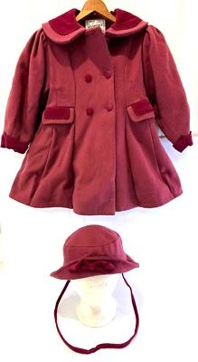 VTG Rothschild Girls Wool & Velvet Coat Bow Hat Size 4 Made in USA Maroon - Image 1 of 4