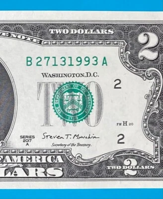 B 2713 1993 A : TRAILING YEAR 1993 $2 Two Dollar Bill Serial Number Uncirculated - Image 1 of 3