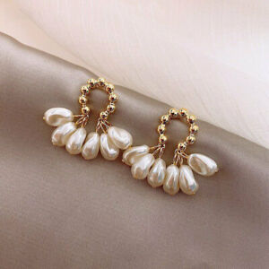 Fashion Women Pearl Crystal Wedding Drop Earrings 18k Gold Plated Flower Jewelry