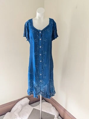 Vintage Whimsigoth Dress M Indigo Blue Fairy Button Front Cottage Lace Tie Back Foto 1 de 4