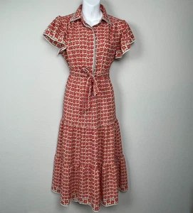 Max Studio London XS Maxi Dress Red Orange Floral Belted Boho Cottagecore - Picture 1 of 9