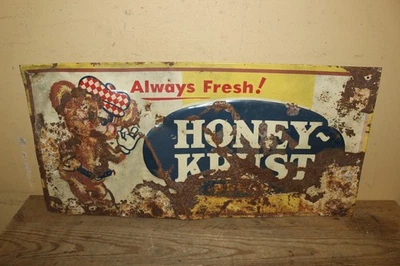 Vintage 1950's Honey~Krust Bread Baby Bear Logo 24" Embossed Metal Sign - Image 1 of 2