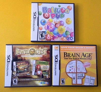Lot Of 3 Nintendo DS Puzzle Game Tested Balloon Pop, Jewel Quest, Brain Age - Image 1 of 4