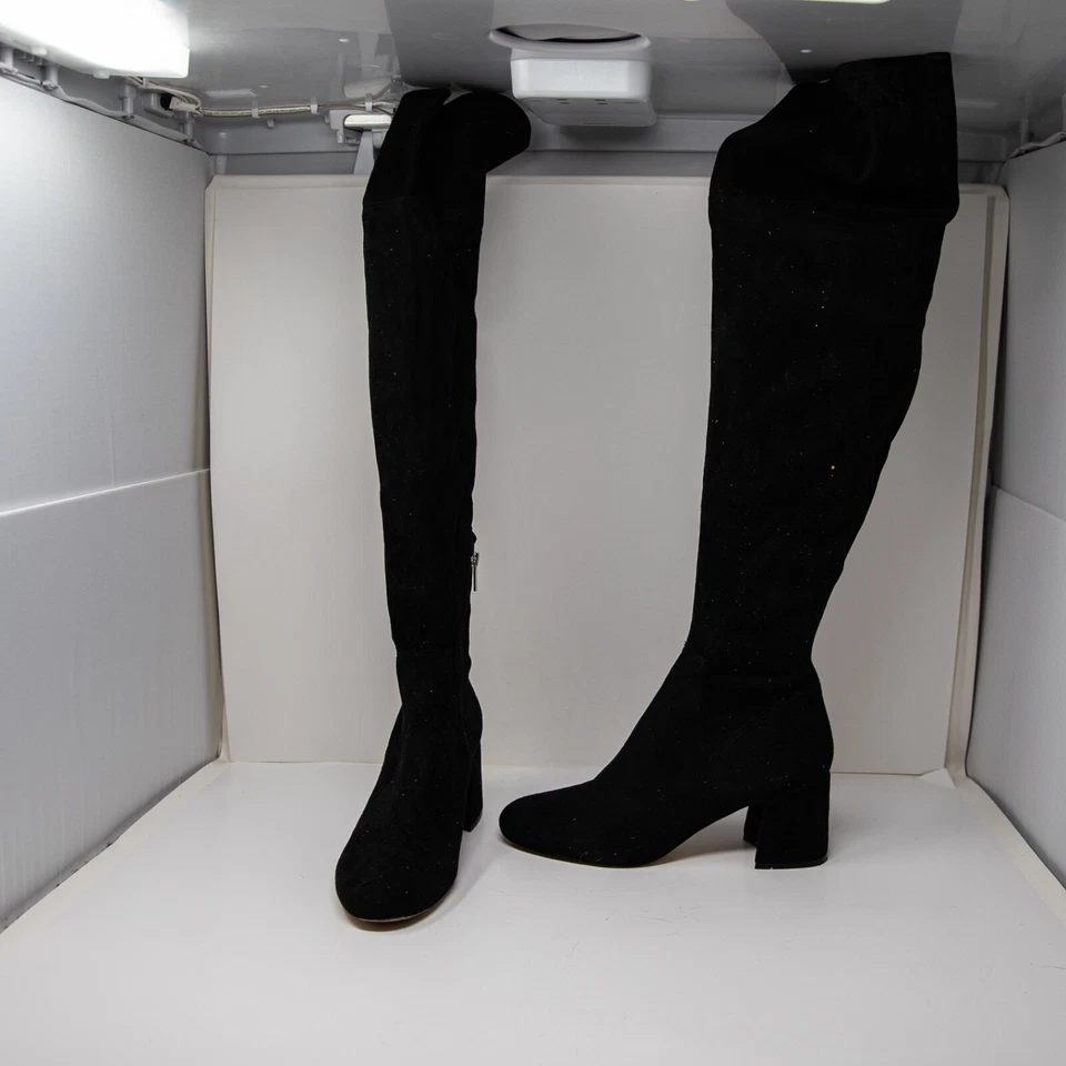 Marc Fisher Gamuza Sobre la Rodilla Bloque Tacón Alto Punta Redonda Botas Zapatos Negro 10 Foto 1 de 4