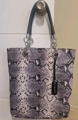 Cynthia Rowley Faux Snakeskin Leather Handbag Tote Carryall Black White Grey A³ - Image 1 of 4