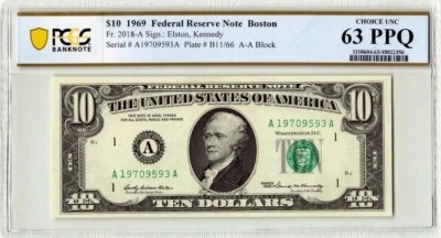 1969 United States Fr. 2018-A PCGS Choice UNC 63 PPQ 10 Dollars Boston - Image 1 of 2