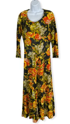 VINTAGE 60s 70s MOD FLOWER POWER FLARE SKIRT FESTIVE LONG SLEEVE MAXI DRESS  - Image 1 of 4