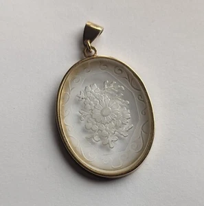 Vtg Silver Tone Clear Floral Intaglio Pendant for Necklace Carved Etched Flower - Picture 1 of 10